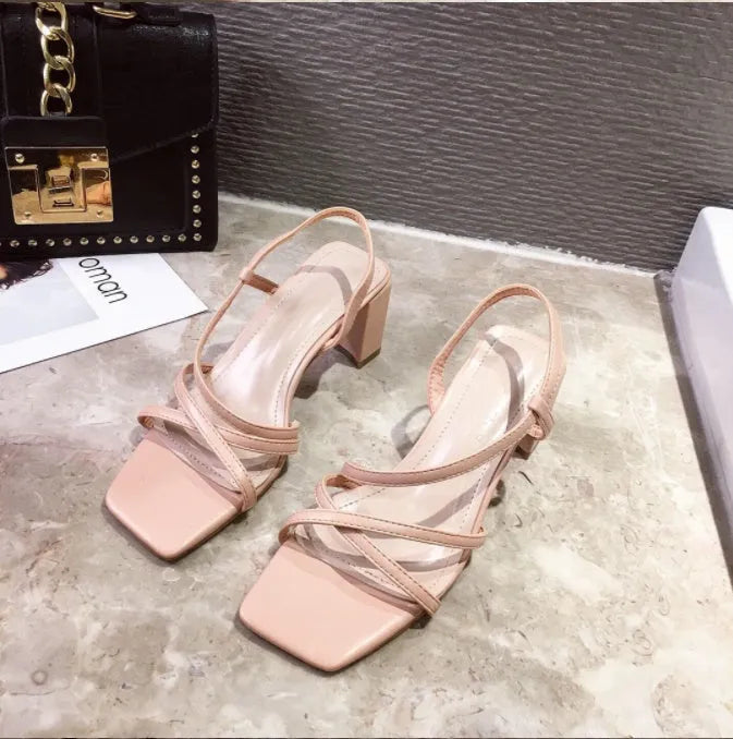 Women's thick-heel sandals in apricot colour with 9cm heel, backless design, and side ventilation