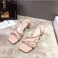 Women's thick-heel sandals in apricot colour with 9cm heel, backless design, and side ventilation