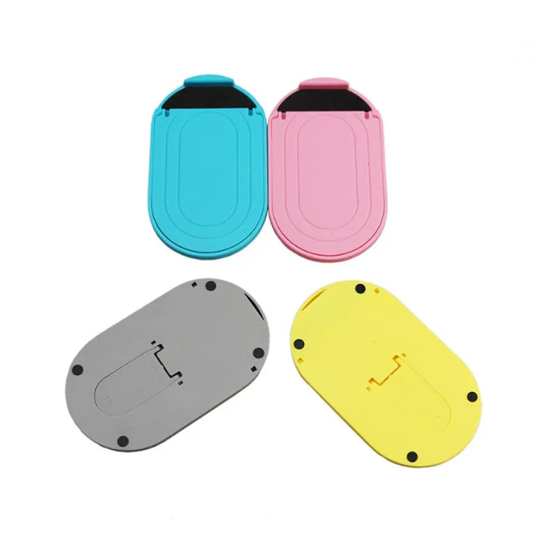 Mobile phone stand with lazy bracket design showing adjustable angles and six colour options