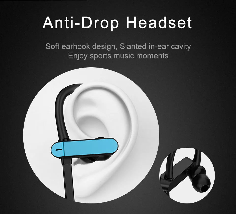 Sport running earhook earbuds with microphone in black blue, black gray, white gold, and white silver colours.