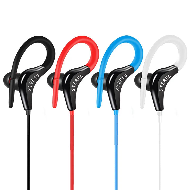Black wired earhook sport headphones with 3.5mm jack and microphone on cable