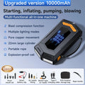 Portable car jump starter and tyre inflator with smart battery clips and EVA bag, 10000mAh or 12000mAh, PC ABS body.