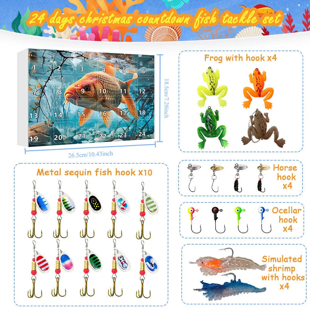 24 countdown Christmas fishing set with metal toy pieces, fishhook storage box options and blind box storage bag