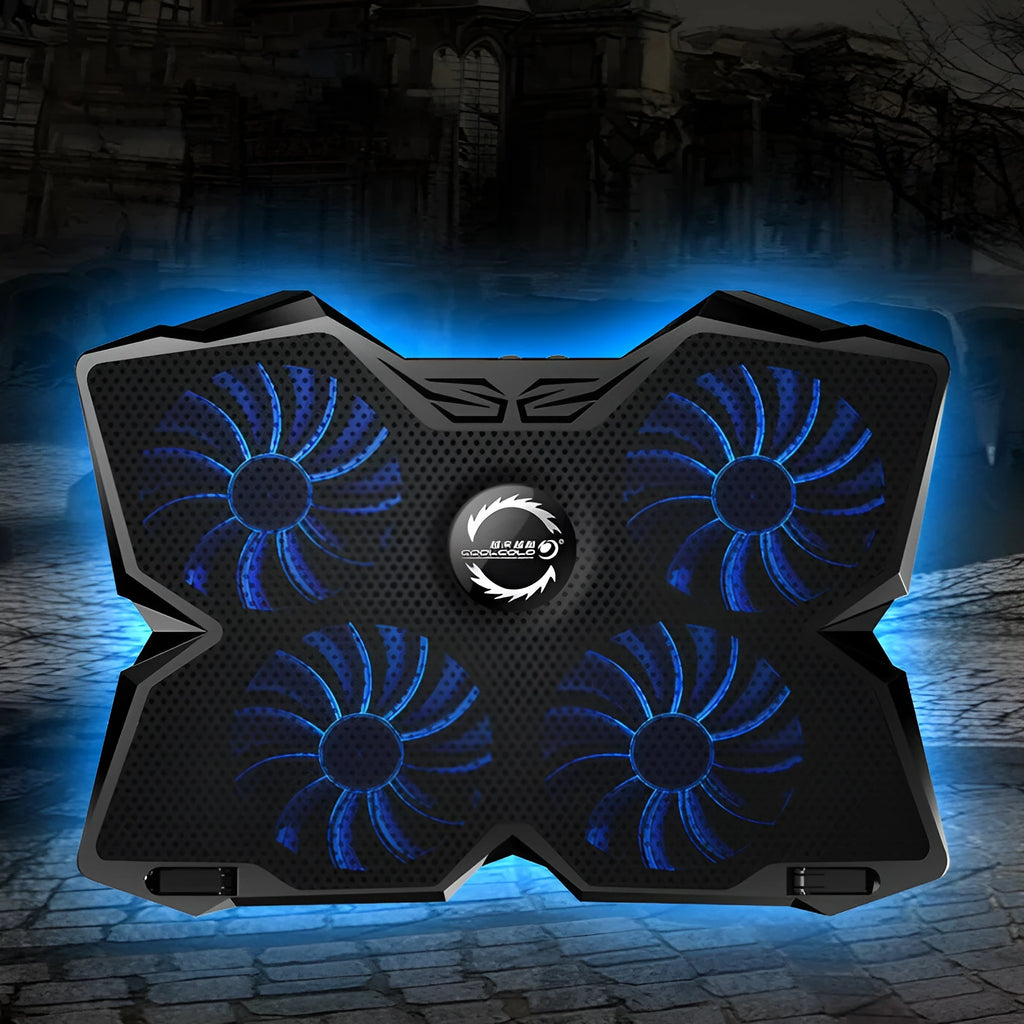 Blue computer cooling base with four LED fans and dual speed control switches showing two USB ports