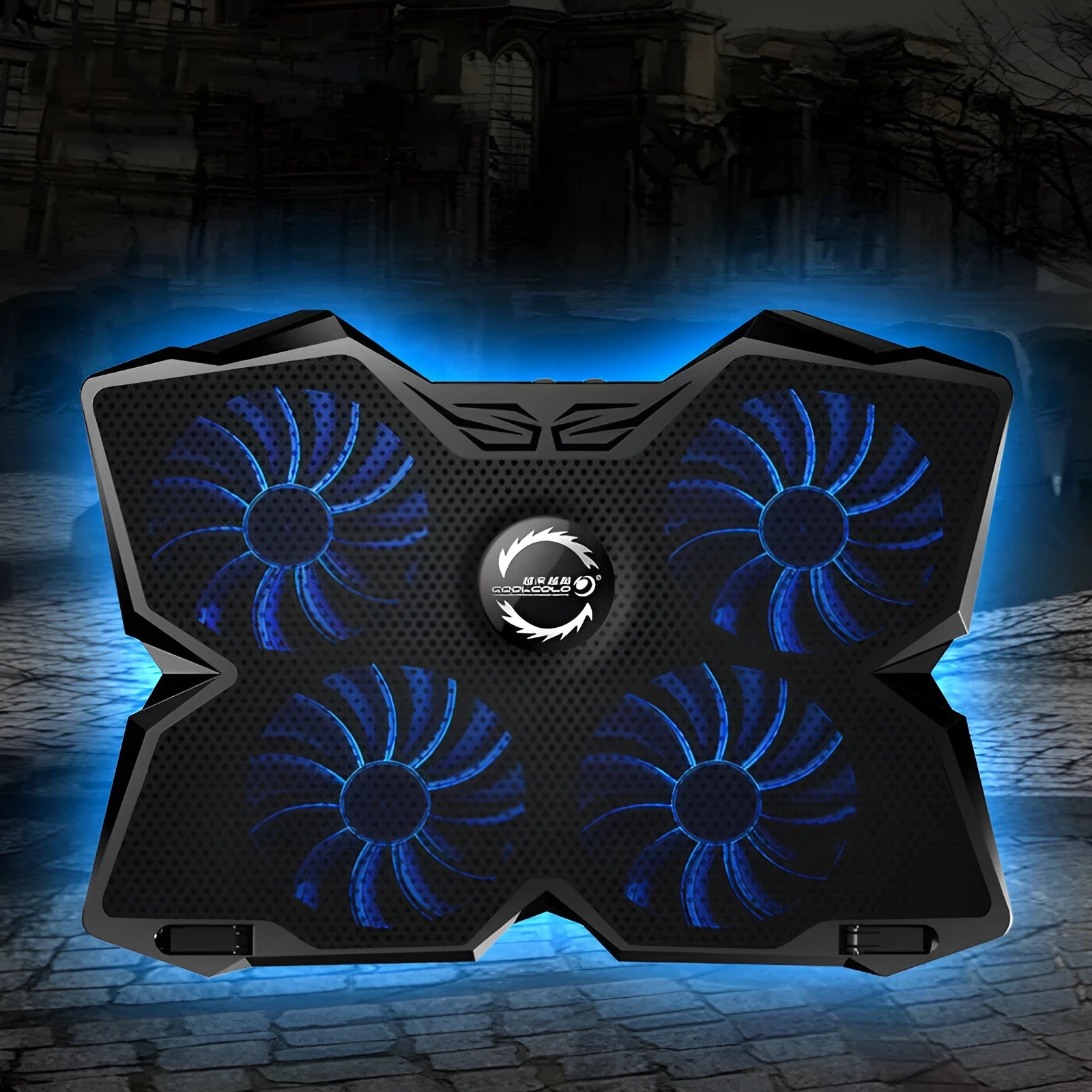 Blue computer cooling base with four LED fans and dual speed control switches showing two USB ports