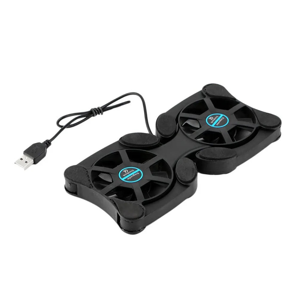 Black folding laptop cooling pad with two 70mm fans, USB powered, 32 x 14.5 x 2cm open