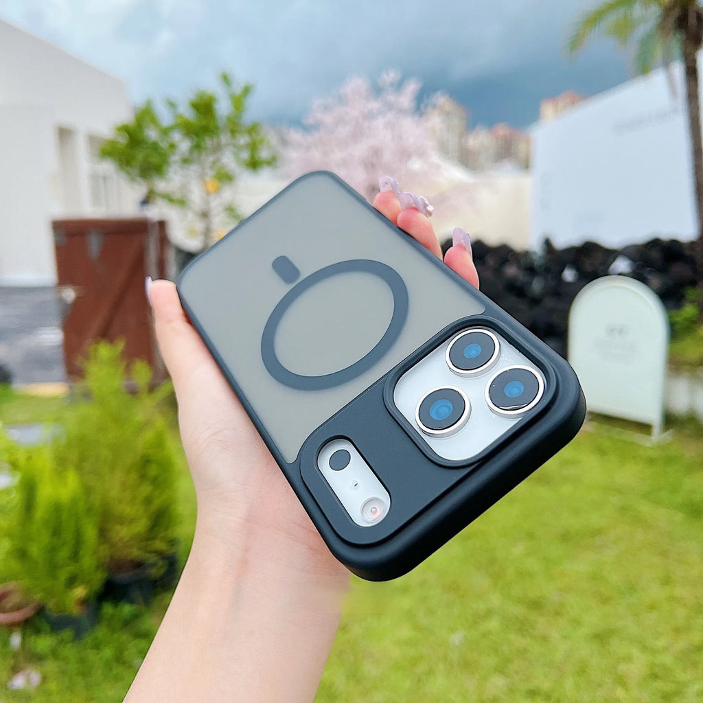 A frosted matte magnetic protective case for Apple iPhone, shown in black, white, grey, purple, and blue colour options.