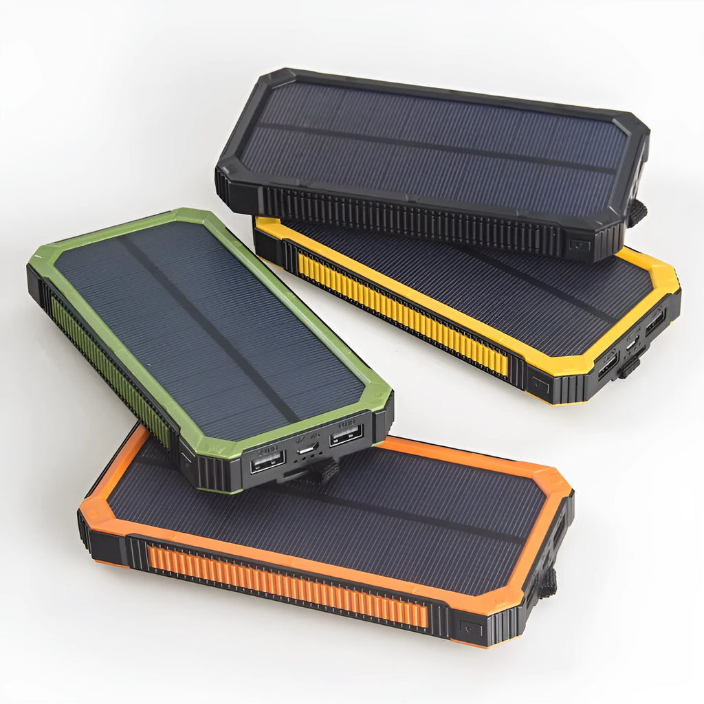 Solar power bank with polymer lithium battery in plastic housing showing colour options