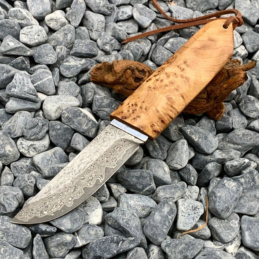 White Shadow Damascus pattern steel camping short knife with Thuja wood handle
