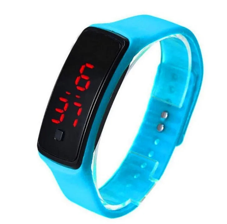 LED bracelet watch with silicone band, digital display and red LED function in seven colours