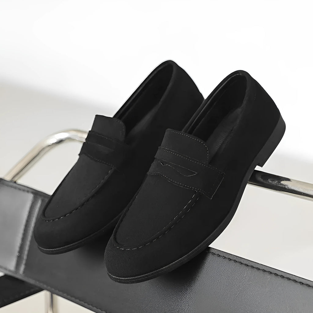 Men's square toe slip-on loafers in black velvet, dark blue, or dark brown, with low 1-3cm heel and platform sole.