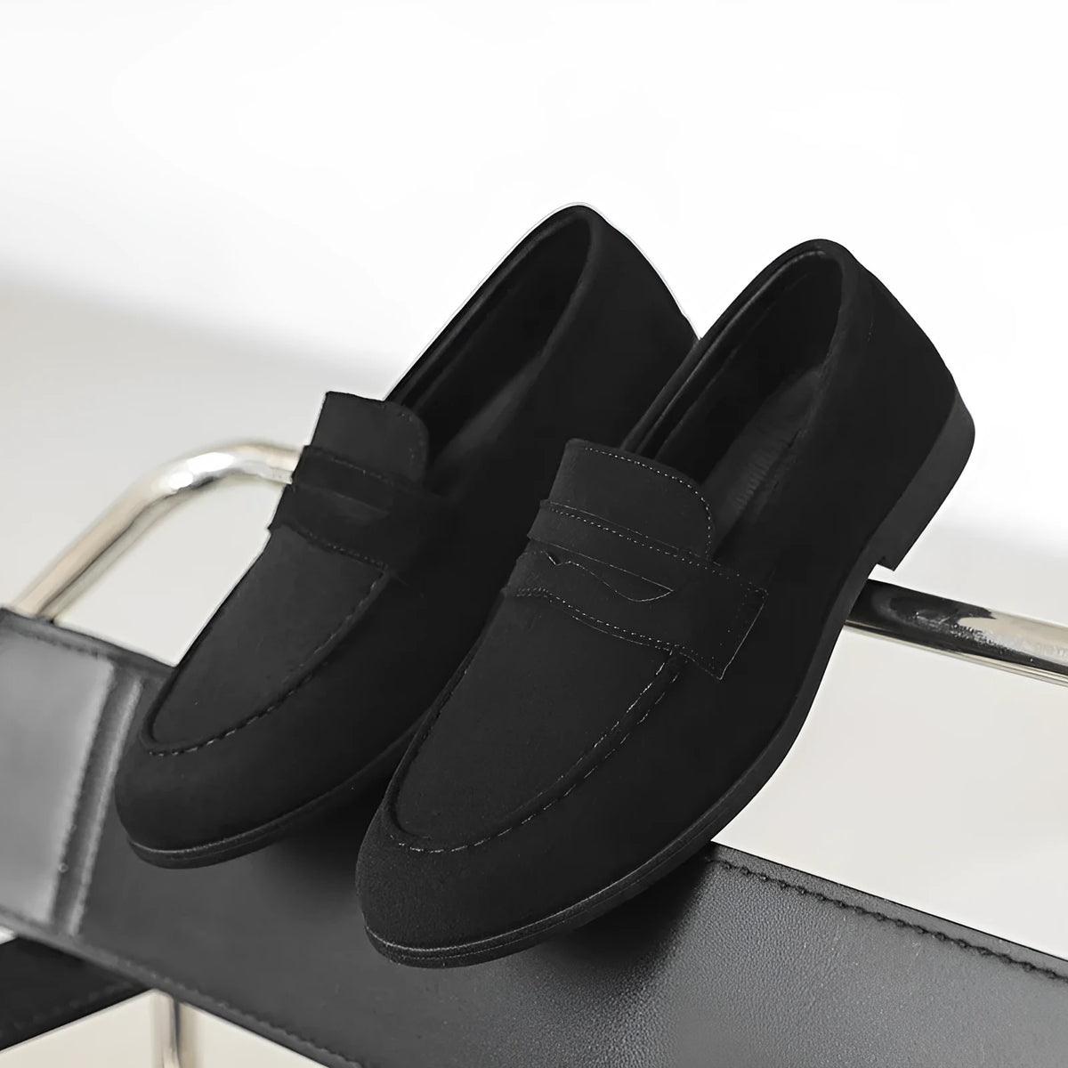 Men's square toe slip-on loafers in black velvet, dark blue, or dark brown, with low 1-3cm heel and platform sole.