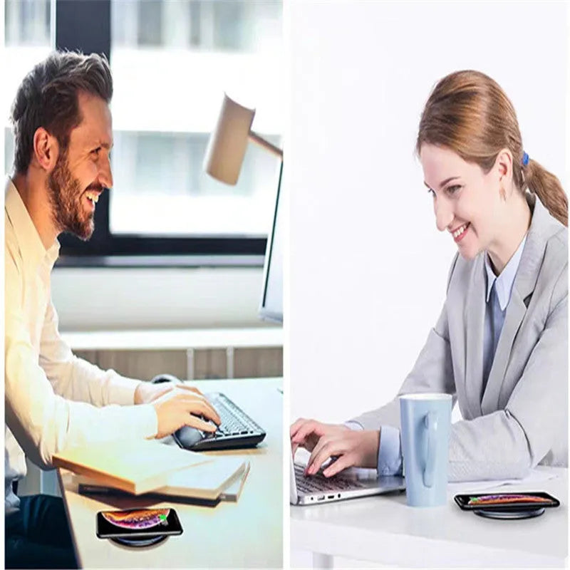 Black or white wireless charging pad with aluminium alloy surface and LED light, measuring 10.1cm by 7cm