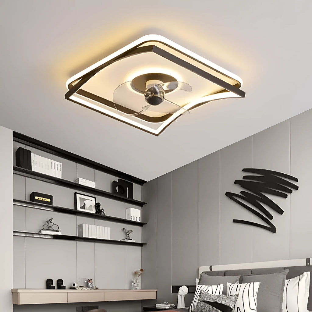 Modern black smart ceiling fan lamp with remote control for bedroom or dining room.