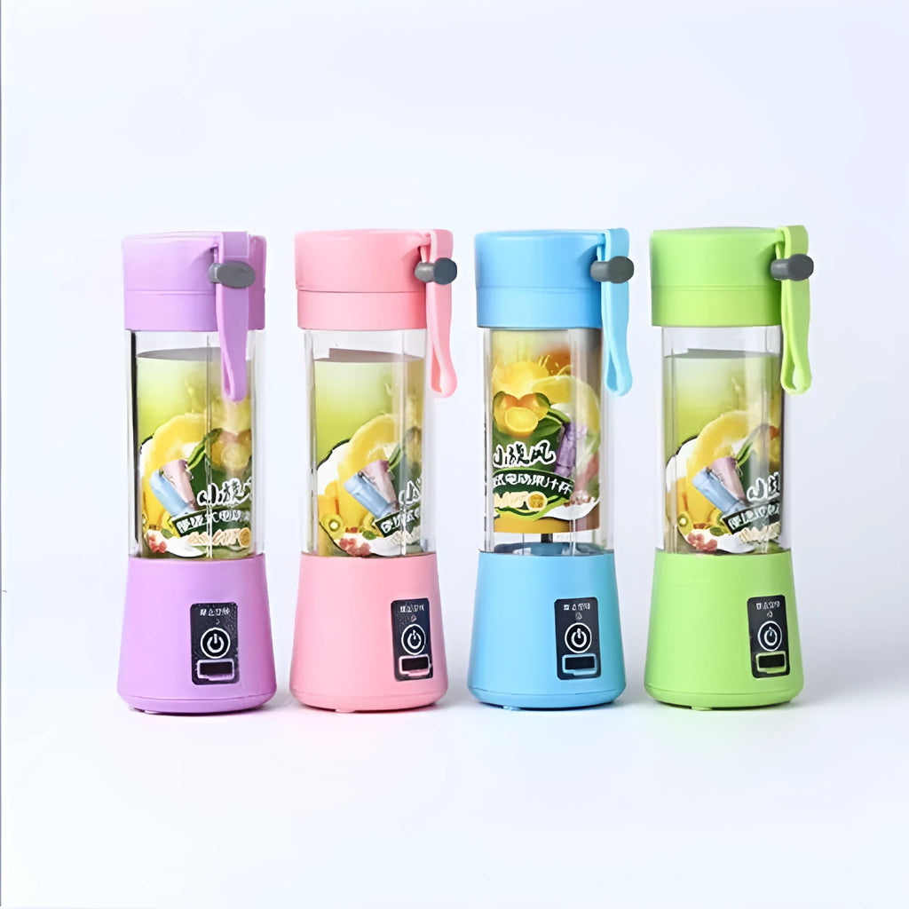 Mini USB electric fruit juicer in pink with stainless steel blade and carry rope