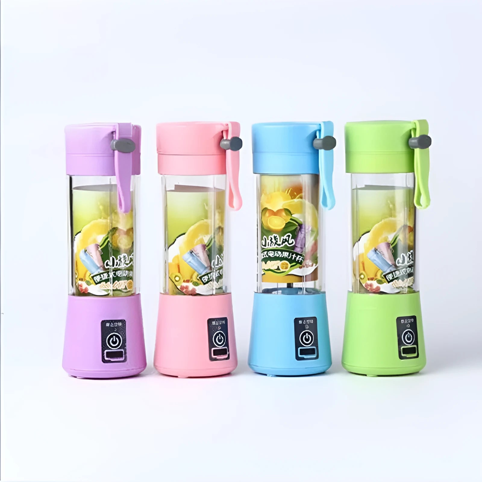 Mini USB electric fruit juicer in pink with stainless steel blade and carry rope