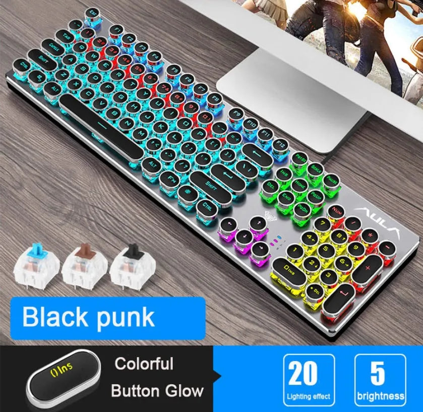 Steampunk Game Real Mechanical Keyboard, 104 keys, wired USB, metal panel, gold-plated keycaps, Black blue or White blue.
