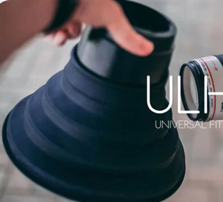 Black conical silicone lens hood for camera showing large and small size options.