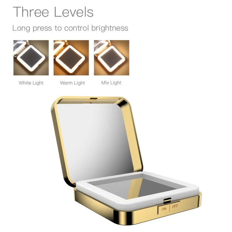 Black lighted makeup mirror with dual magnification showing 4x and HD sides, adjustable lighting controls visible