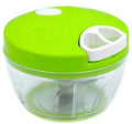 Green manual kitchen chopper with three stainless steel blades, measuring 130x95x75mm with 500ml capacity