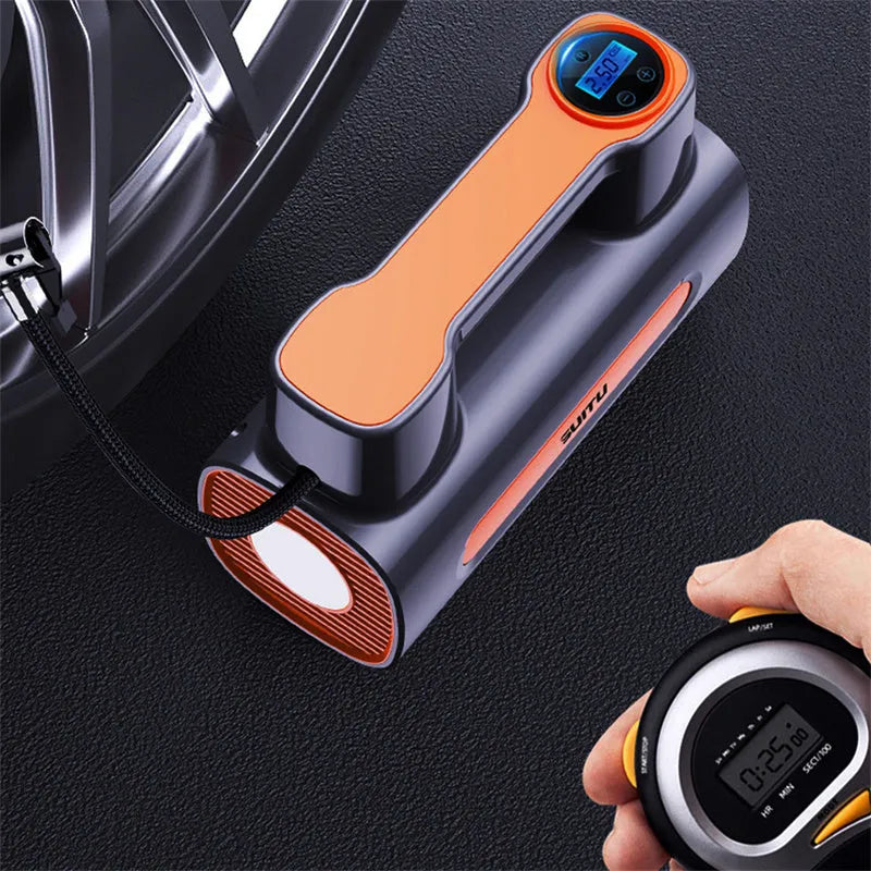 Black portable tyre inflator with digital LCD screen, USB charging port, and built-in battery.