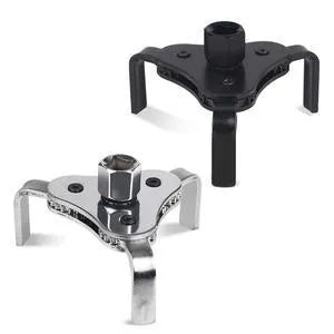 Flat three-jaw filter wrench with telescopic jaws 53mm to 108mm, matte finish, for 1/2DR or 13/16 knob