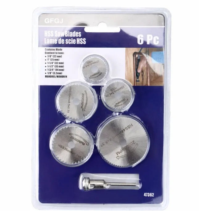 Six circular saw blades with mandrel, diameters from 10mm to 25mm, high-speed steel construction