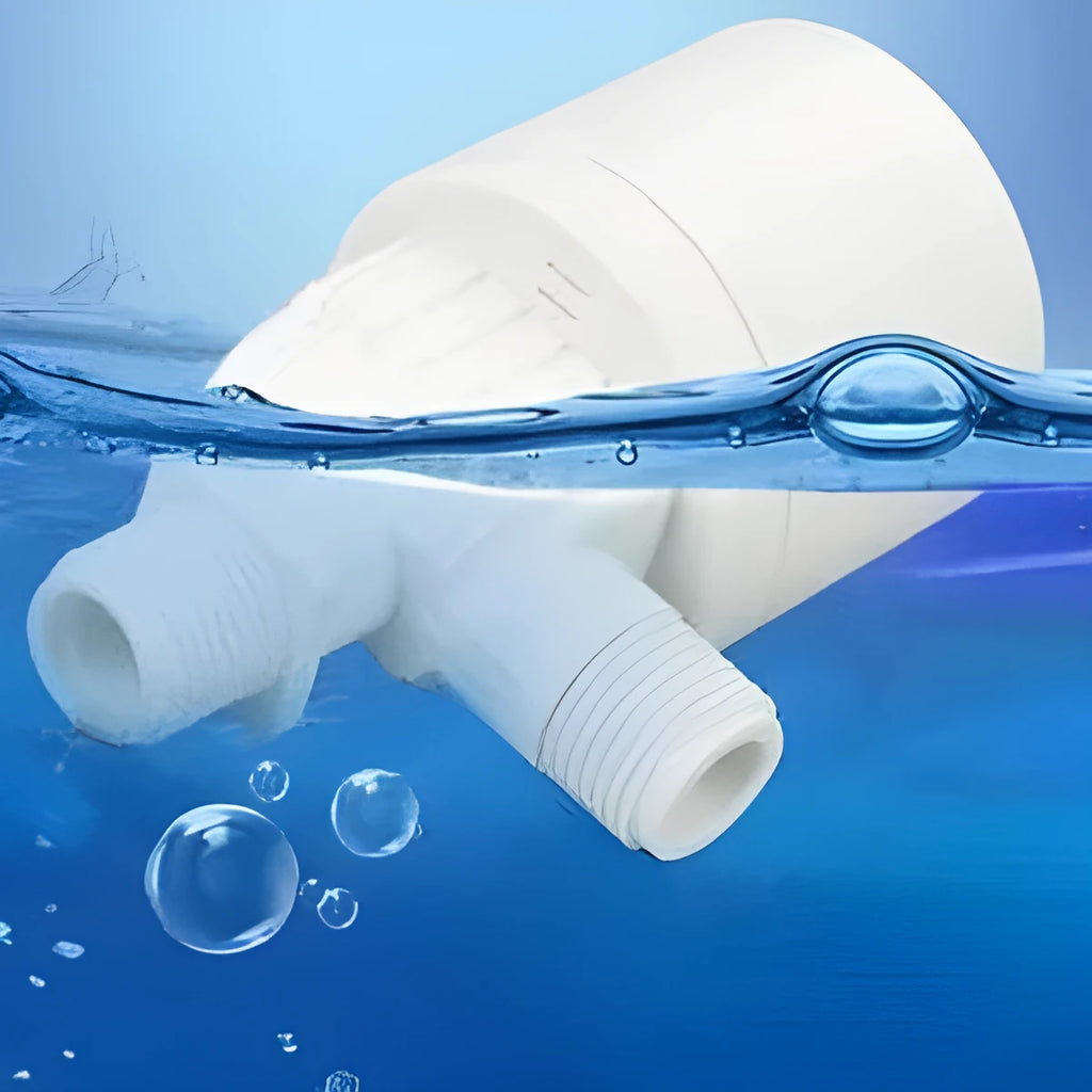 White automatic nylon float valve with threaded connection for water tank level control.