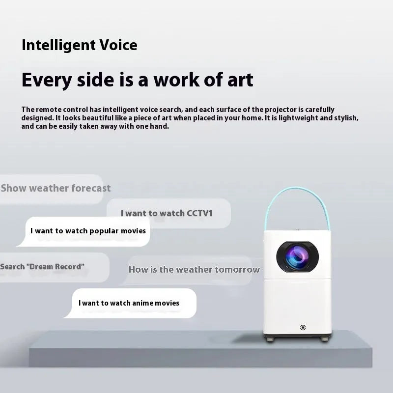 Smart HD home projector with remote control showing 1280x800 resolution and Android system display