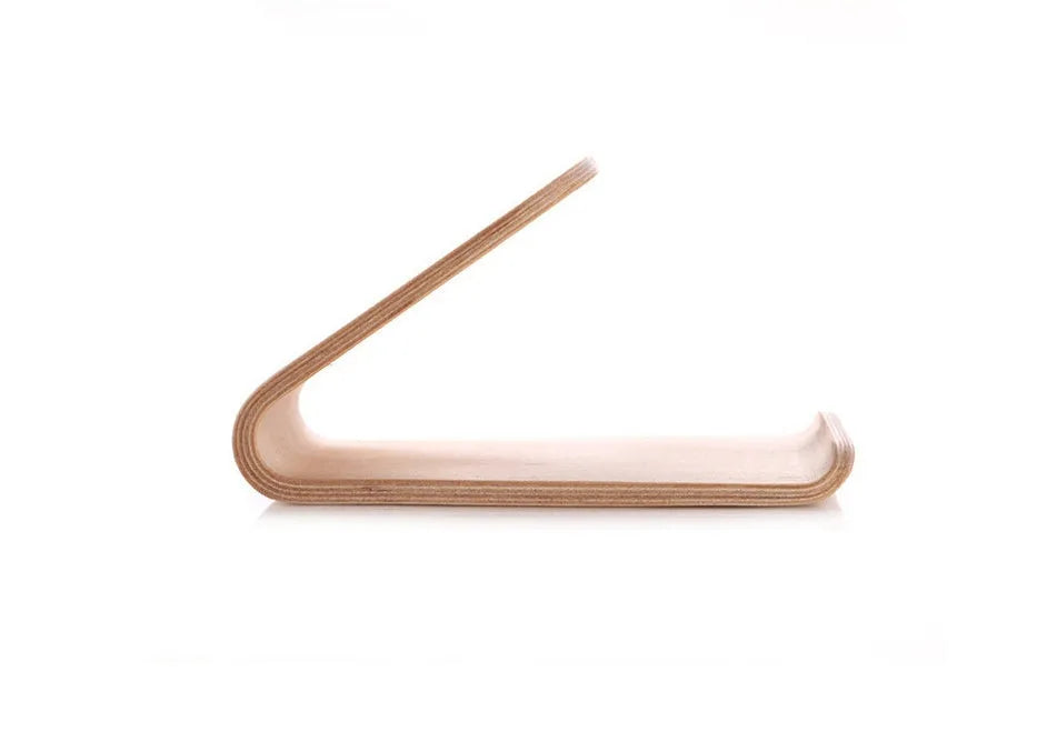 Walnut and white maple wooden stands holding iPhones at viewing angles