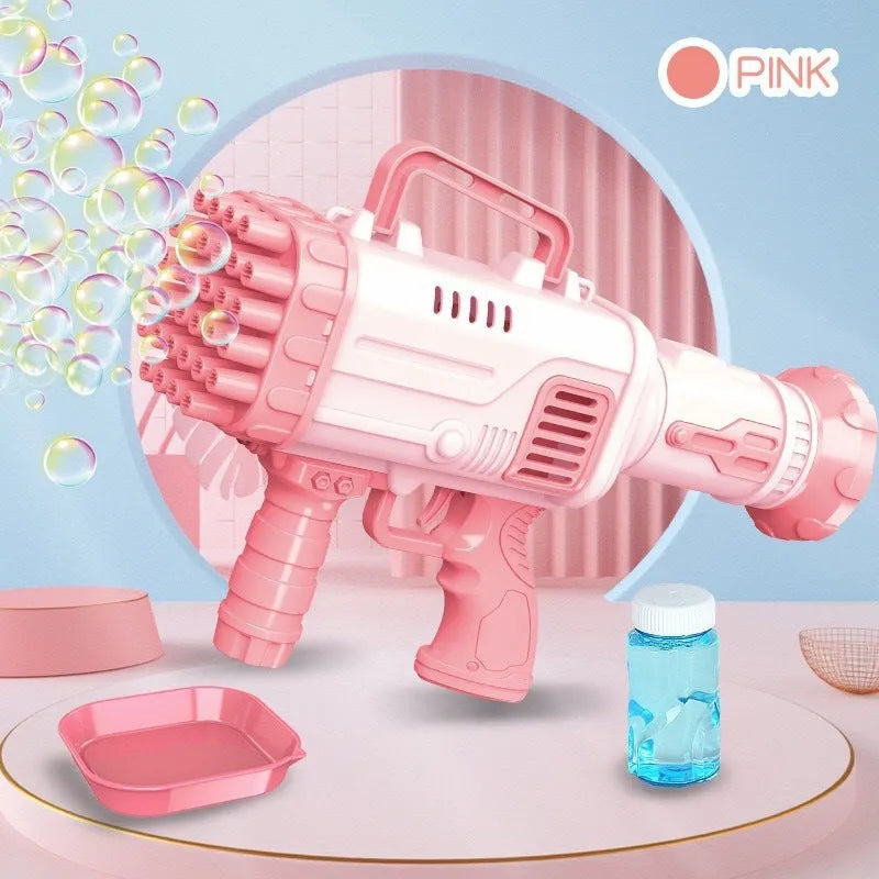 Electric bubble gun with 32-hole bazooka tip in cherry powder pink colour, illuminated version for children's outdoor play