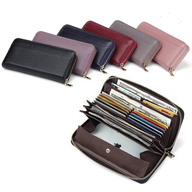 Long genuine leather women's wallet with 12 card slots, RFID blocking, in sapphire blue colour