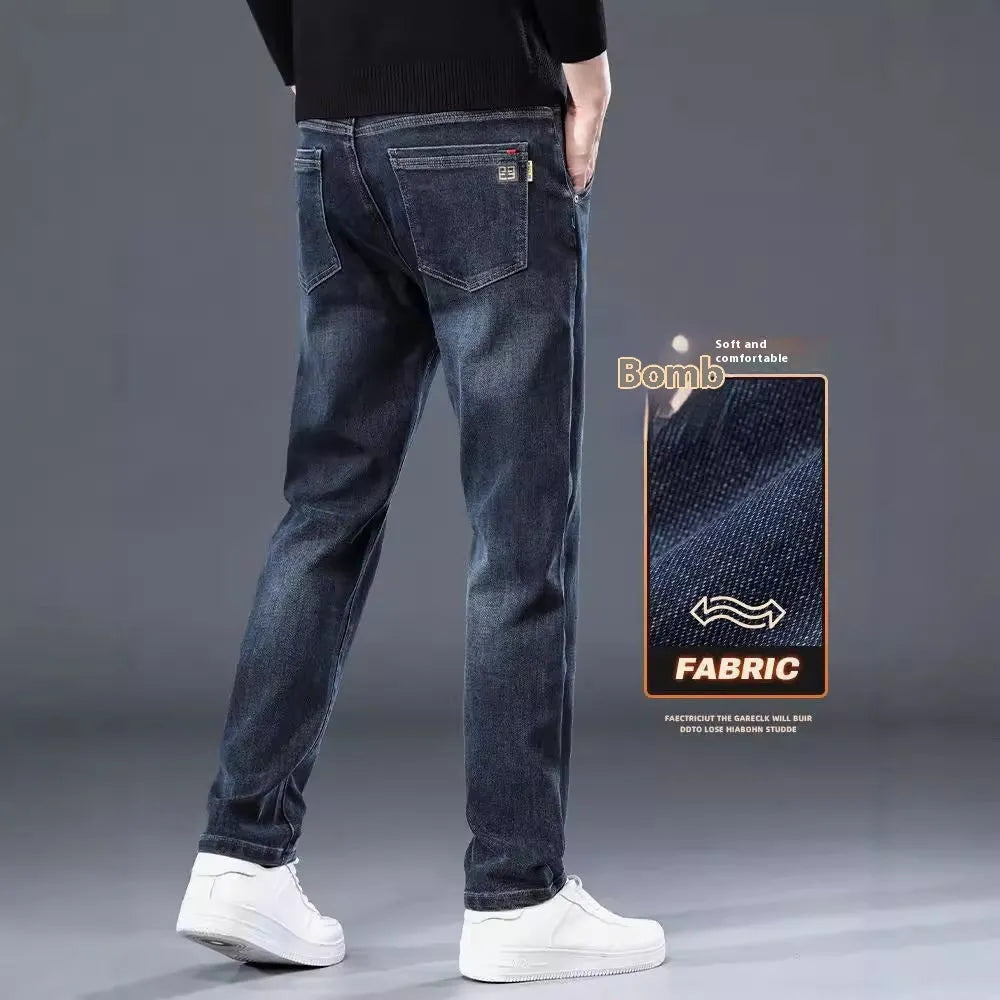 Blue grey slim straight loose casual thin trousers with micro elasticity, mid waist design, and zipper fly, shown on a model for summer wear.