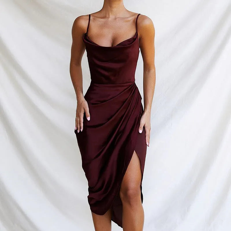 Satin high waist split skirt with side slit, shown in a solid colour.