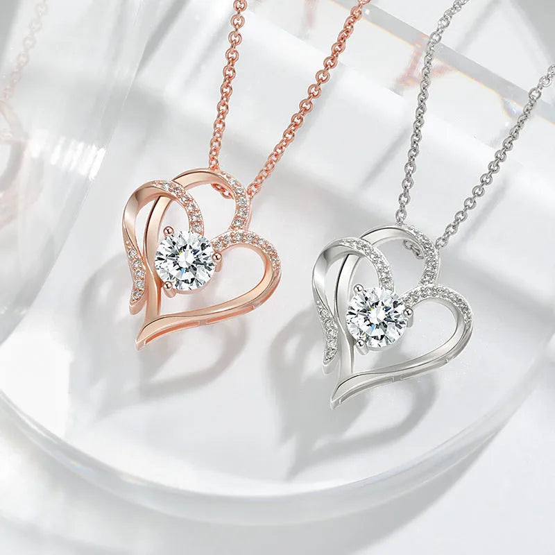 Women's 925 silver heart necklace with diamond treatment in rose gold, white gold, and yellow gold colour options