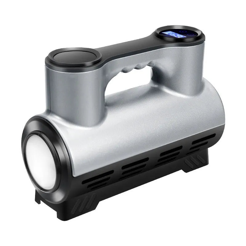 12V portable car tyre inflator with digital display, three air nozzles, and compact grey ABS body.