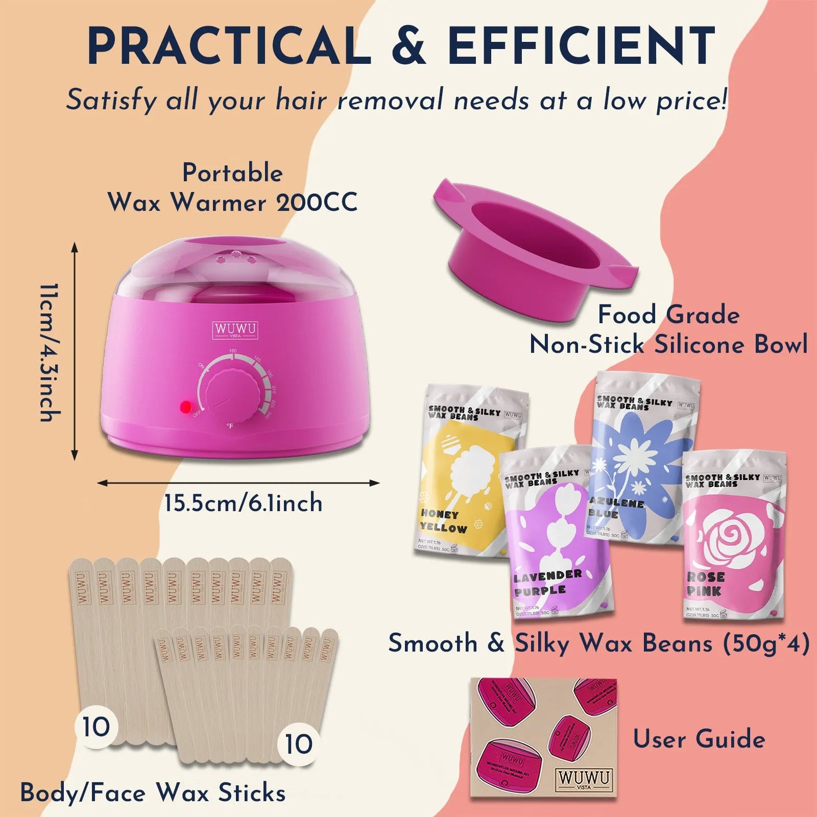 27-piece hypoallergenic wax kit showing wax machine, four colour wax beads, face and body sticks, multilingual guidebook