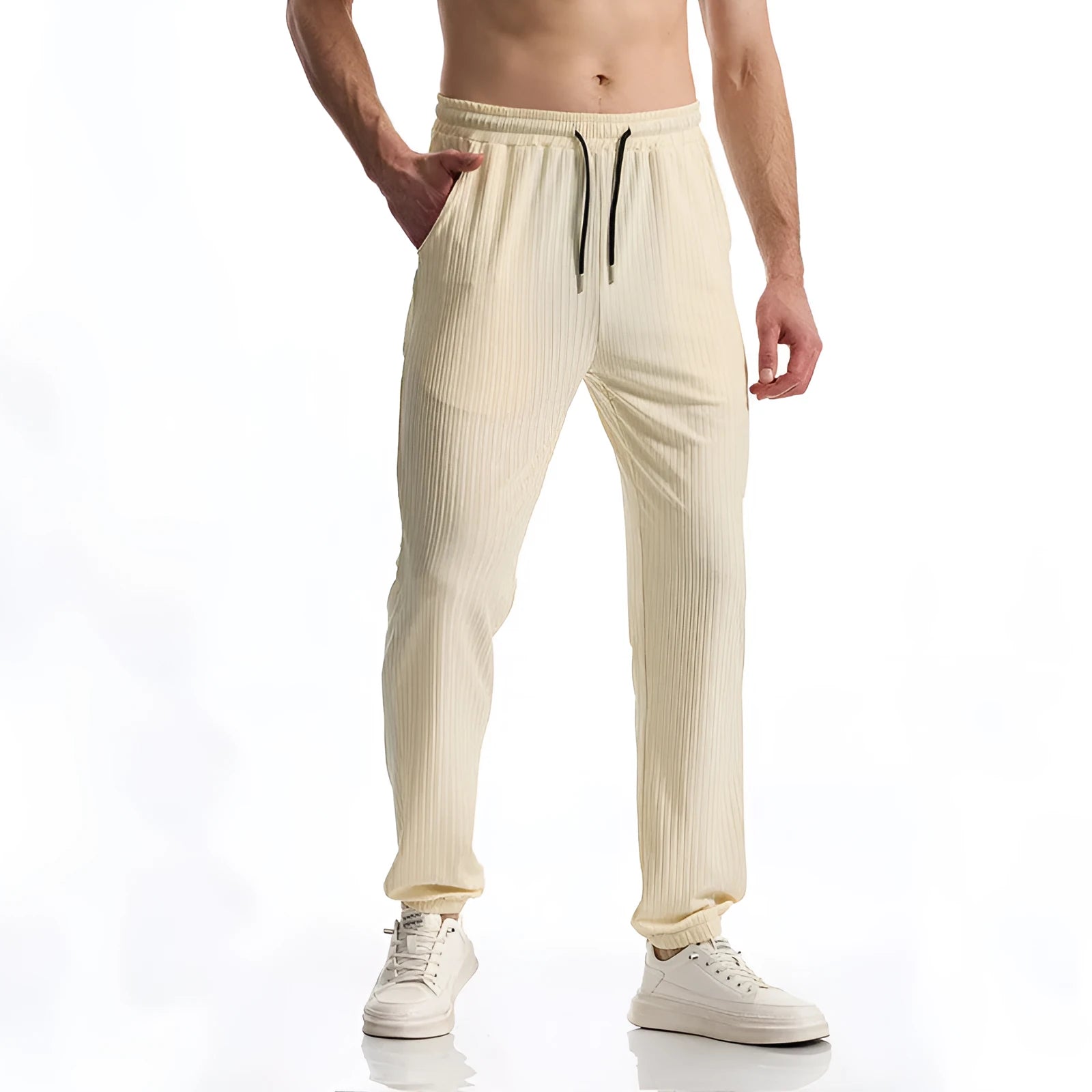 Silky rib fabric casual pants in baggy straight-leg style with elastic waistband
