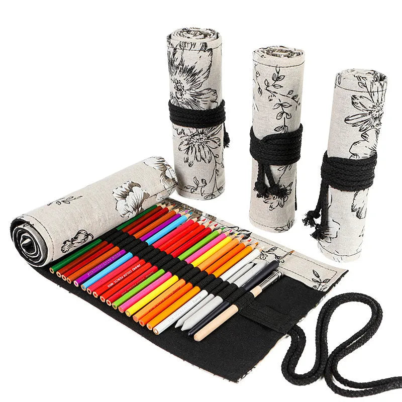 Black Peony printed cotton hemp canvas pencil roll bag showing 24-hole and 72-hole storage options