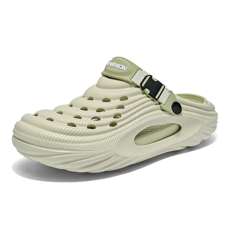 Men's solid colour EVA platform slippers with a hollow out design, shown in light green.