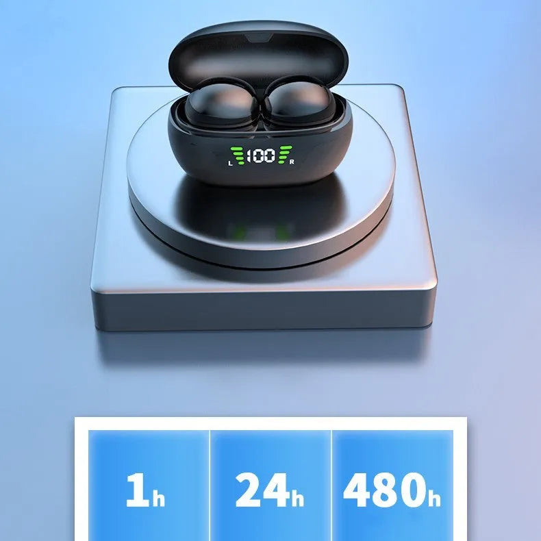 Black Super Mini wireless Bluetooth in-ear headset with charging cable.
