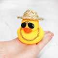 Yellow duck wearing straw hat car dashboard ornament with matte finish, 12cm height with base glue and sunglasses necklace