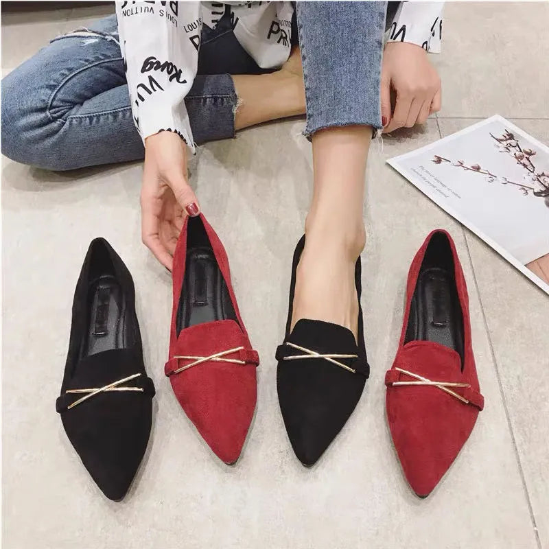 Women's pointed toe flat shoes with buckle, low platform heel, black or wine red, artificial PU upper, sizes 35-40