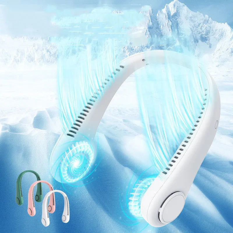 White bladeless neck fan hanging around neck showing decentralised air outlet design
