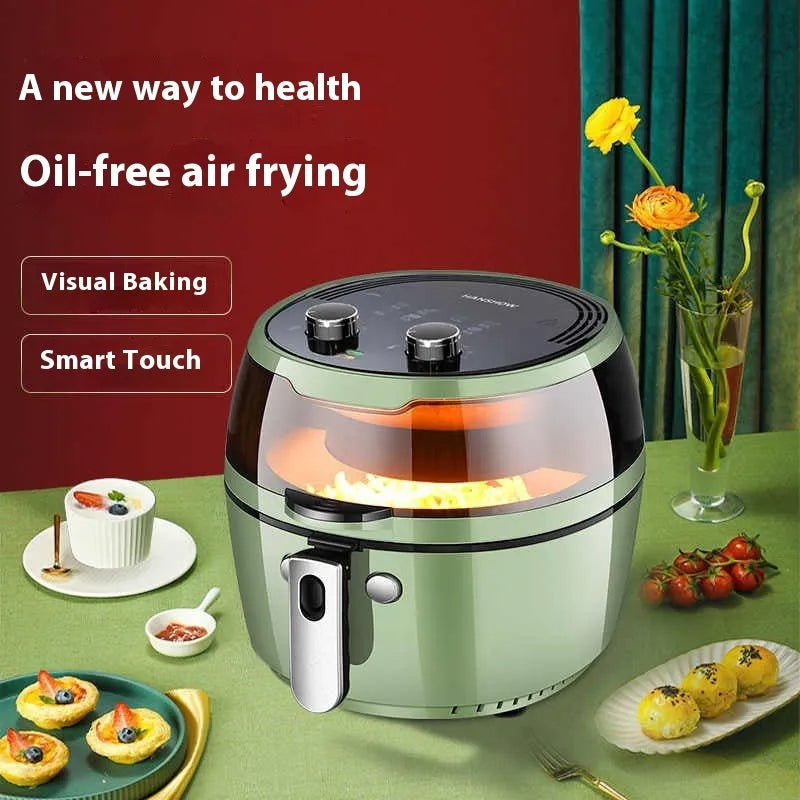 Air fryer oven with 8-litre capacity, nano-ceramic coating liner, and mechanical buttons on a kitchen counter