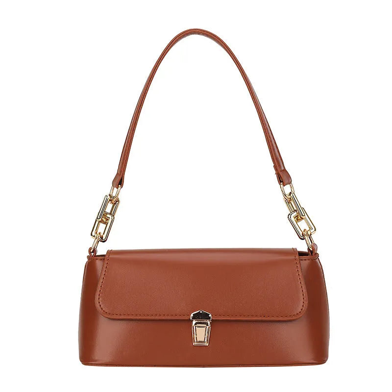 French casual brown PU underarm shoulder bag with chain strap and horizontal square sandwich pocket design.
