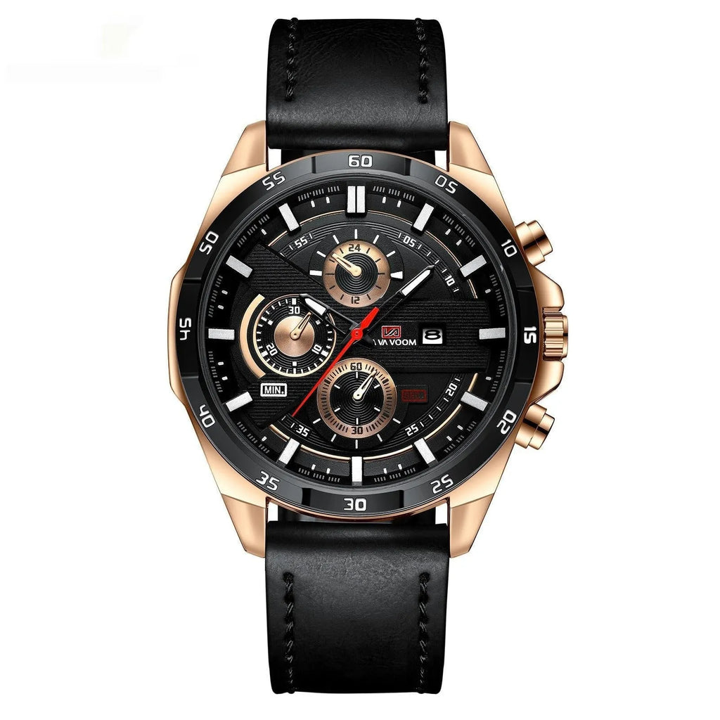 Men's casual quartz watch with calendar function showing 10mm thickness and multiple colour options