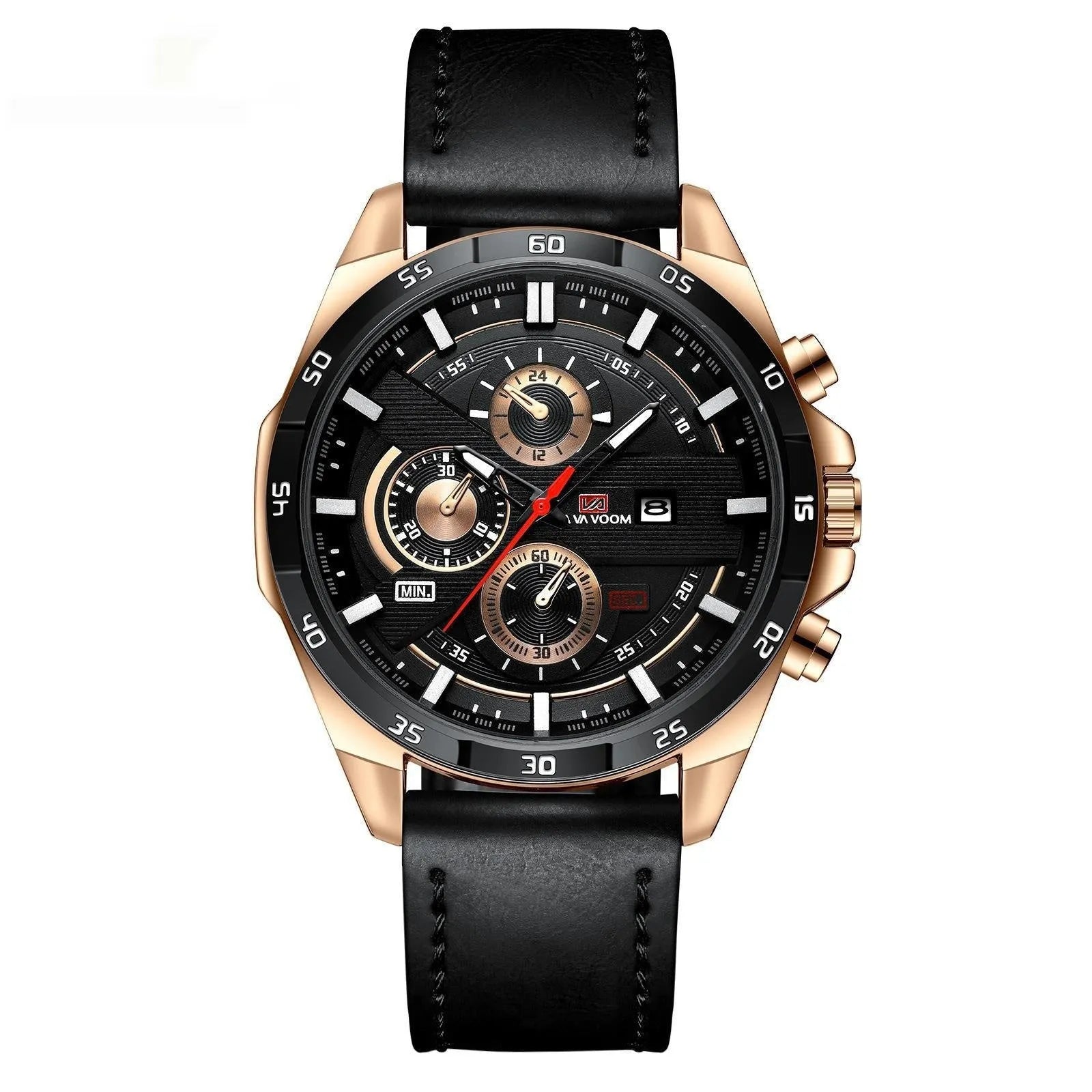 Men's casual quartz watch with calendar function showing 10mm thickness and multiple colour options