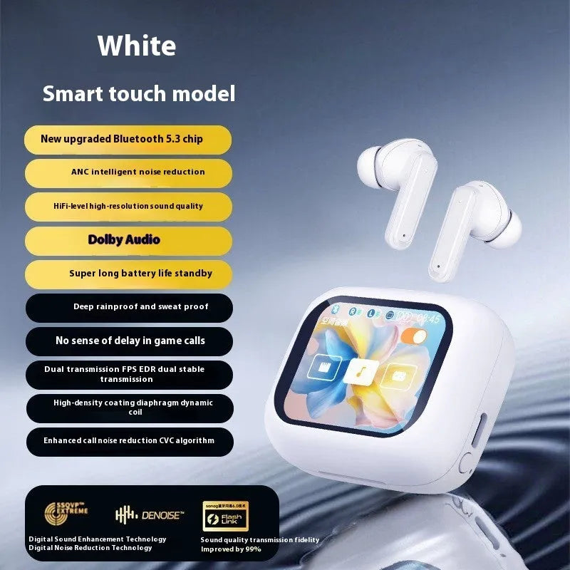Wireless Bluetooth in-ear headset with noise reduction, touch control and colour screen, black and white plastic design