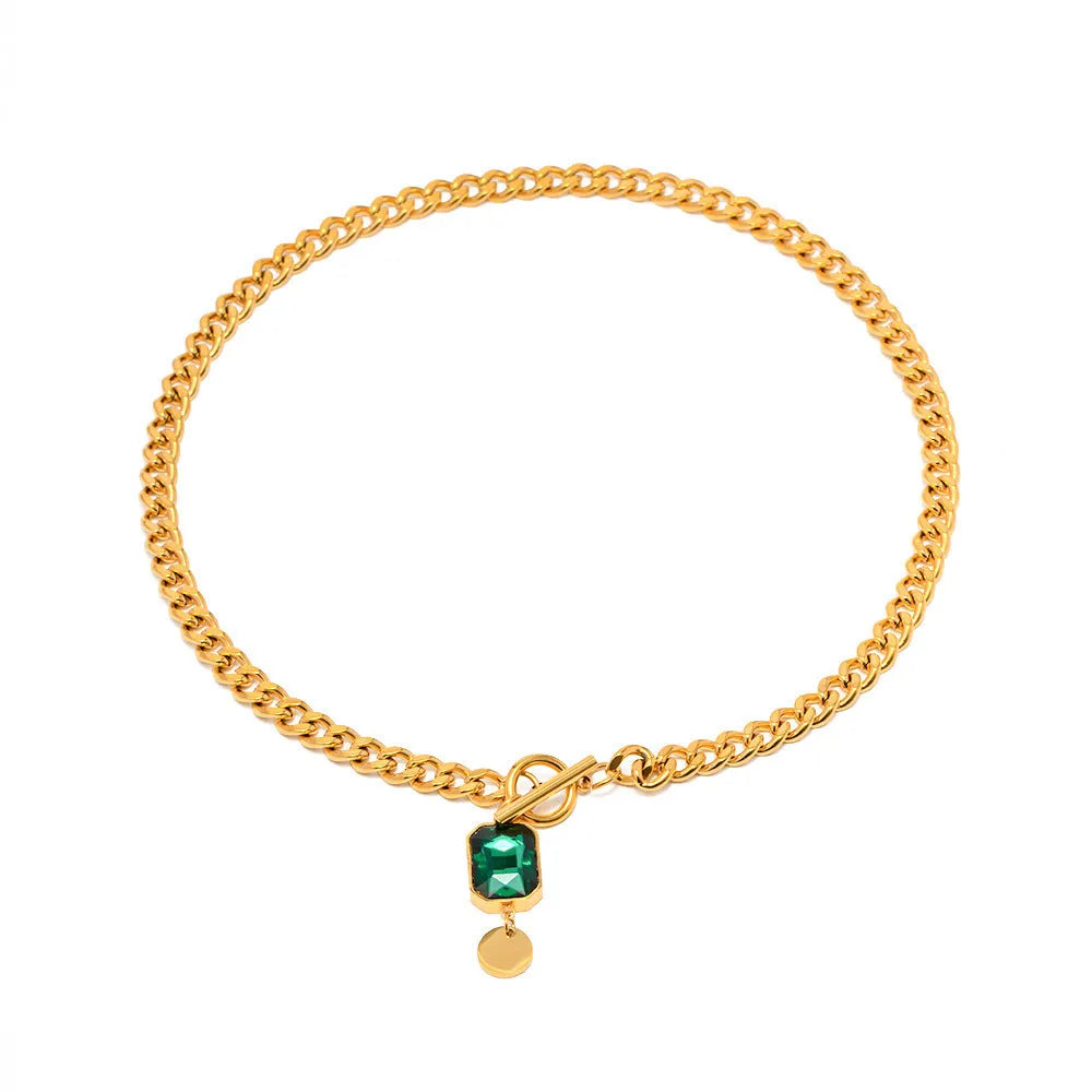 Gold French retro pendant necklace with round zircon stone on adjustable titanium steel chain